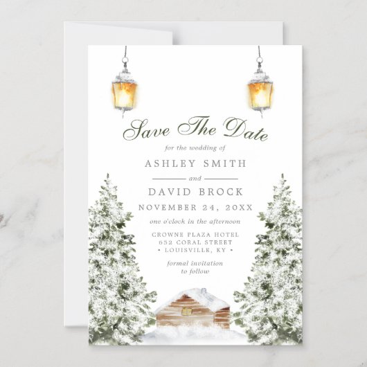 Winterkabine rettet das Datumsfenster | Rustikaler Magneteinladung (Vorderseite)