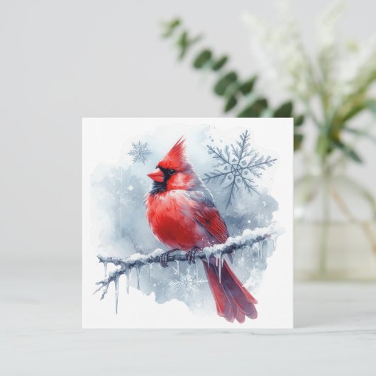 Winterkardinal mit Schneeflocken auf eisigem Ast Karte (Stehend Vorderseite)