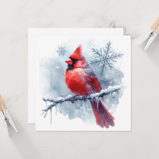 Winterkardinal mit Schneeflocken auf eisigem Ast Karte (Vorderseite/Rückseite Beispiel)