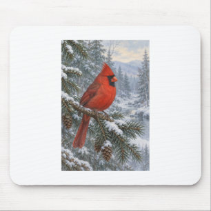 Winterkardinal neben einem ruhigen Waldstrom Mousepad