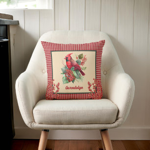 Winterkardinal und Beeren mit Gingham-Monogramm Kissen