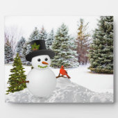 Winterkiefern Schneemann und Kardinalvogel Fotoplatte (Vorderseite)