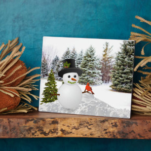 Winterkiefern Schneemann und Kardinalvogel Fotoplatte