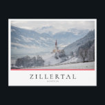 Winterkirche in Zillertal in Österreich Postkarte<br><div class="desc">Foto Postkarte der St. Pankraz Kirche in einer alpinen Landschaft inmitten von Wolken und Nebel auf einem Hügel mit Blick auf das Zillertal mit den Alpen im Hintergrund in Fügen, Österreich mit dem Text 'Zillertal, Österreich' in einer weißen Kiste und mit Streifen in rot, weiß und rot, den Farben der...</div>