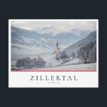 Winterkirche in Zillertal in Österreich Postkarte<br><div class="desc">Foto Postkarte der St. Pankraz Kirche in einer alpinen Landschaft inmitten von Wolken und Nebel auf einem Hügel mit Blick auf das Zillertal mit den Alpen im Hintergrund in Fügen, Österreich mit dem Text 'Zillertal, Österreich' in einer weißen Kiste und mit Streifen in rot, weiß und rot, den Farben der...</div>