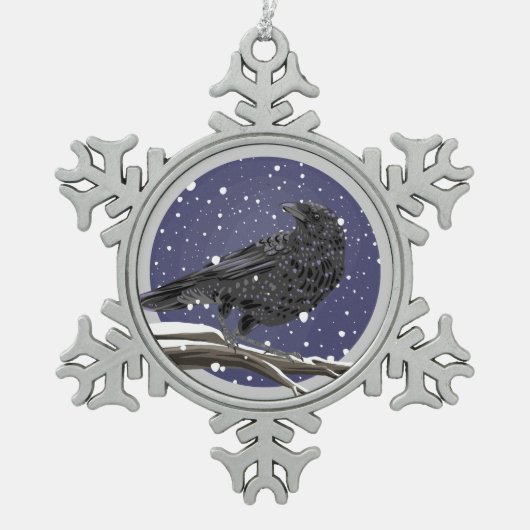 Winterkrähe Schneeflocken Zinn-Ornament (Vorderseite)