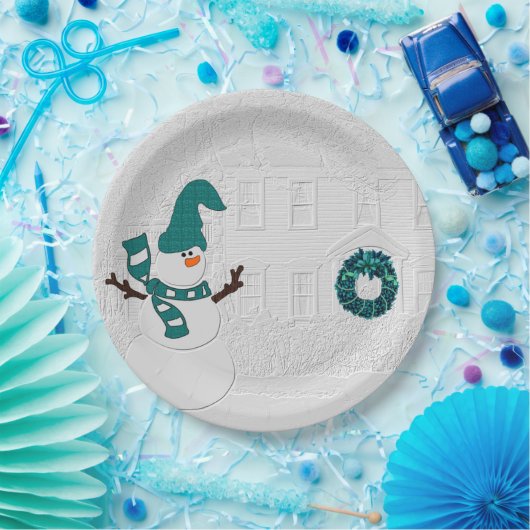 Winterkranz Aquamarin mit Snowman Holiday House Pappteller (Party)