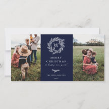 Winterkranz Monogram Holiday 2 Foto-Karte Blau