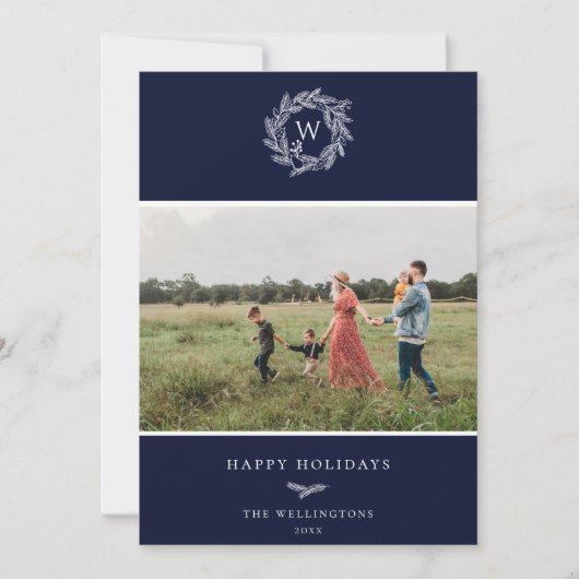 Winterkranz-Monogramm-Urlaubskarte Blue Feiertagskarte (Vorderseite)