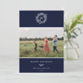 Winterkranz-Monogramm-Urlaubskarte Blue Feiertagskarte (Stehend Vorderseite)