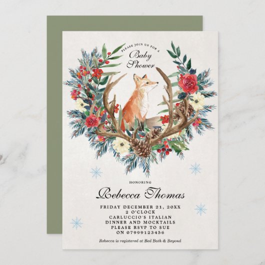 Winterkranz und Fuchs-Babydusche Einladung (Vorne/Hinten)