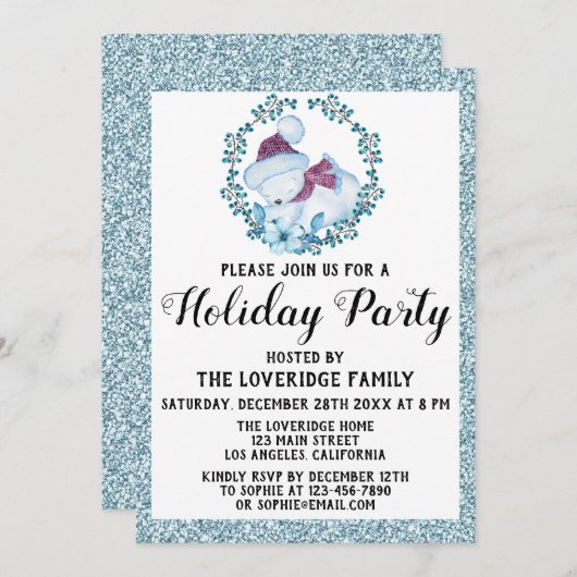Winterkraut Weihnachtsfeier Blauer Glitzer Einladung (Vorne/Hinten)