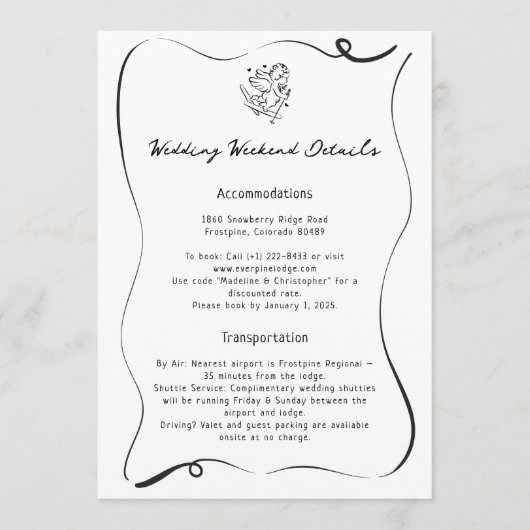 Winterkupiden Ski Hochzeitkarte Programm (Vorderseite)