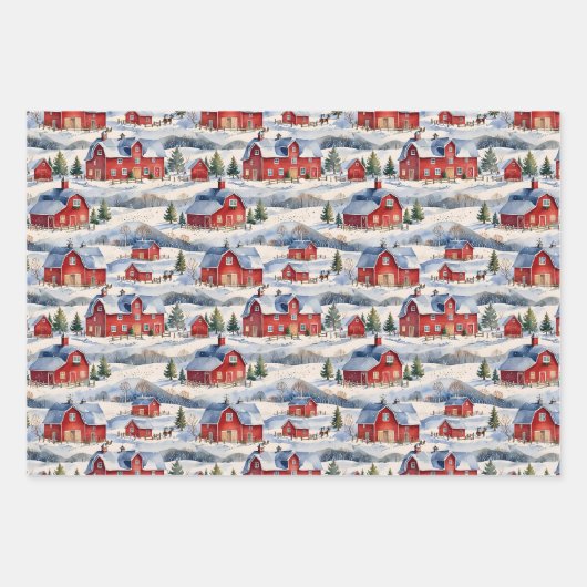 Winterlandbauernhof & Rote Ställe Geschenkpapier Set (Vorderseite)
