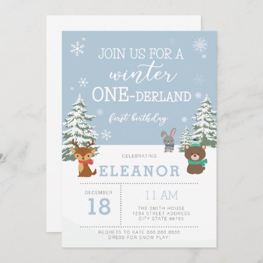 Winterlandschaft 1. Geburtstag Einladung Tiere (Vorne/Hinten)