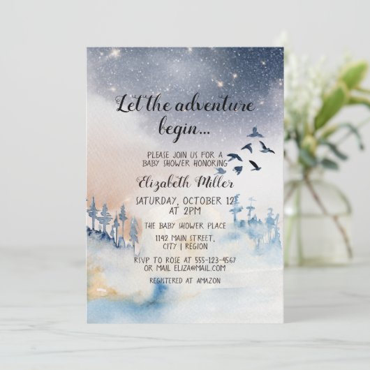 Winterlandschaft Abenteuer beginnt Kinderdusche Einladung (Stehend Vorderseite)