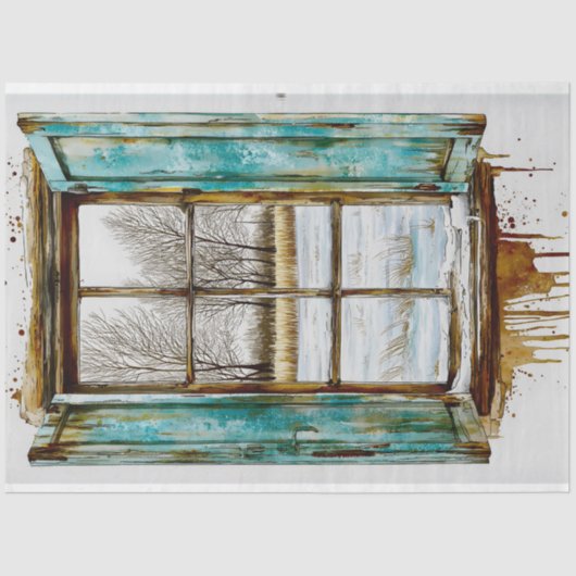 Winterlandschaft durch Holzfenster AN1 Decoupage Seidenpapier (Vorderseite)