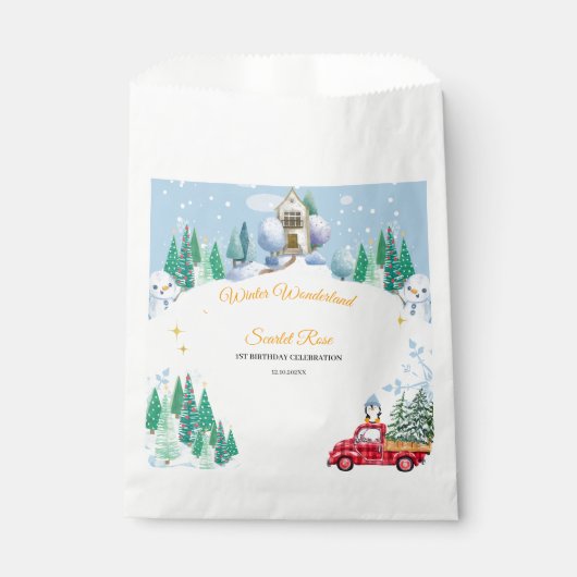 Winterlandschaft Einladung zum 1. Geburtstag Geschenktütchen (Vorderseite)