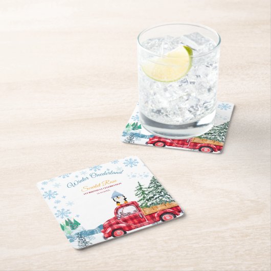 Winterlandschaft Einladung zum 1. Geburtstag Rechteckiger Pappuntersetzer (Vor Ort)