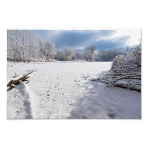 Winterlandschaft entlang des Teichs und der Wälder Fotodruck