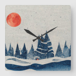 Winterlandschaft Forest Navy Blue Red Zeichnend Quadratische Wanduhr