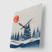 Winterlandschaft Forest Navy Blue Red Zeichnend Quadratische Wanduhr (Winkel)