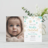 Winterlandschaft Glitzer Snowflake Foto Geburtstag Einladung (Stehend Vorderseite)