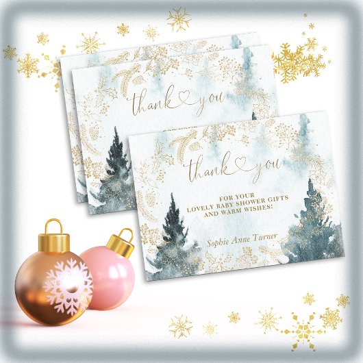 Winterlandschaft Gold Baby Shower Calligraphie Dankeskarte
