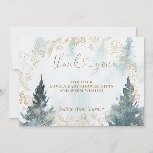 Winterlandschaft Gold Baby Shower Calligraphie Dankeskarte (Vorderseite)