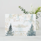 Winterlandschaft Gold Baby Shower Calligraphie Dankeskarte (Stehend Vorderseite)
