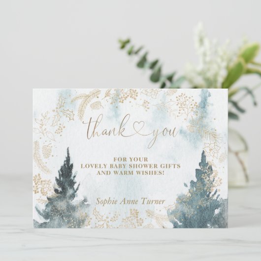 Winterlandschaft Gold Baby Shower Calligraphie Dankeskarte (Stehend Vorderseite)