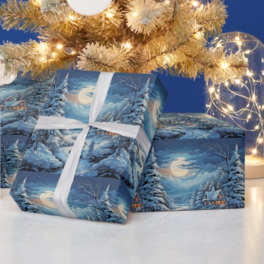Winterlandschaft Holzhütte Pinienwald Fluss Geschenkpapier (Feiertage)