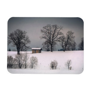 Winterlandschaft, Hügel und Bäume, Hütte Magnet