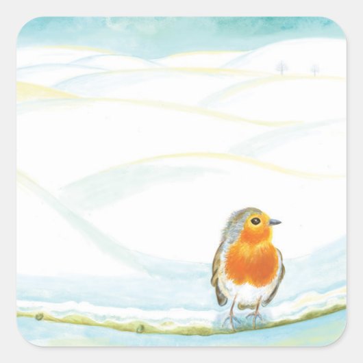 Winterlandschaft Illustration mit Robin Quadratischer Aufkleber (Vorderseite)