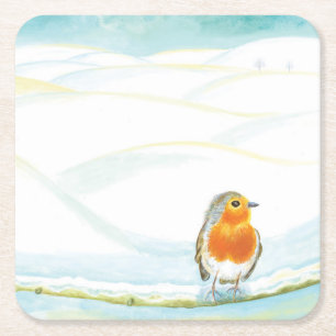 Winterlandschaft-Illustration mit Rotkehlchen Rechteckiger Pappuntersetzer
