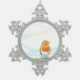 Winterlandschaft im Weißen Winter mit Robin Schneeflocken Zinn-Ornament
