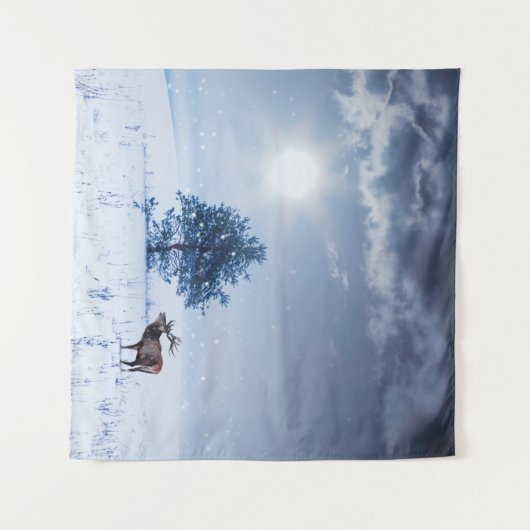 Winterlandschaft in blauer Farbe. Einmaliger Baum  Wandteppich (Vorderseite (Horizontal))
