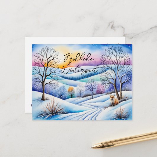 Winterlandschaft in der Abenddämmerung mit Fuchs | Postkarte (Vorderseite/Rückseite Beispiel)