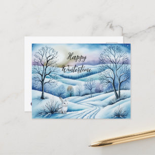Winterlandschaft in der Abenddämmerung mit Hase Postkarte