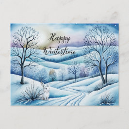 Winterlandschaft in der Abenddämmerung mit Hase | Postkarte