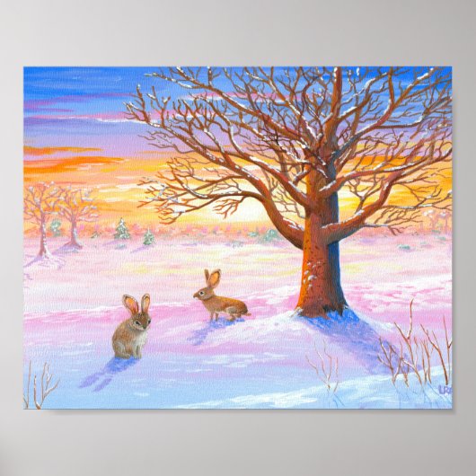 Winterlandschaft Kaninchen Eichenwald Poster (Vorne)