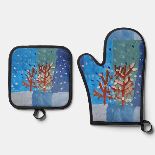 Winterlandschaft "Kunst von Kindern" Ofenhandschuh & Topflappen-Set (Vorderseite)