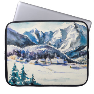 Winterlandschaft mit Bergdorf bedeckt mit Laptopschutzhülle