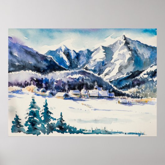 Winterlandschaft mit Bergdorf bedeckt mit Poster (Vorne)