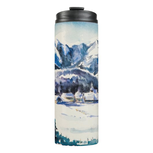 Winterlandschaft mit Bergdorf bedeckt mit Thermosbecher (Vorderseite)