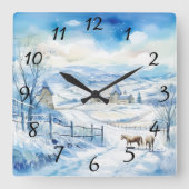Winterlandschaft mit Bergen und Pferden Quadratische Wanduhr (Vorderseite)