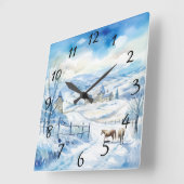 Winterlandschaft mit Bergen und Pferden Quadratische Wanduhr (Winkel)