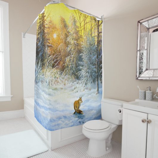 Winterlandschaft mit Fuchs im Niedergang Duschvorhang (Beispiel)