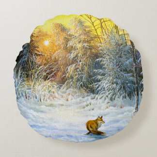Winterlandschaft mit Fuchs im Niedergang Rundes Kissen