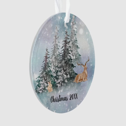 Winterlandschaft mit Hirsch, Kaninchen und Schnee Ornament (Vorderseite)